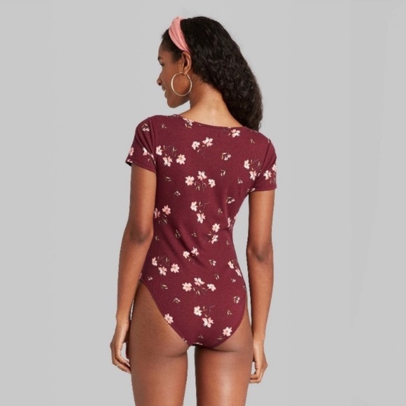 Wild Fable Women's Burgundy Floral Short Sleeve Bodysuit - Picture 4 of 10